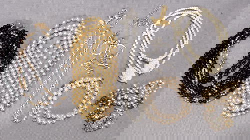 TRIFARI, PEARL, MONET, OTIS & COSTUME JEWELRY: TRIFARI, ERWIN PEARL, MONET, OTIS & OTHER COSTUME NECKLACES & EARRINGS + STERLING PAIR EARRINGS, 11P:Including 1 unmarked three strand bead and faux pearl necklace L 32.5"; 1 Trifari gold colored chai