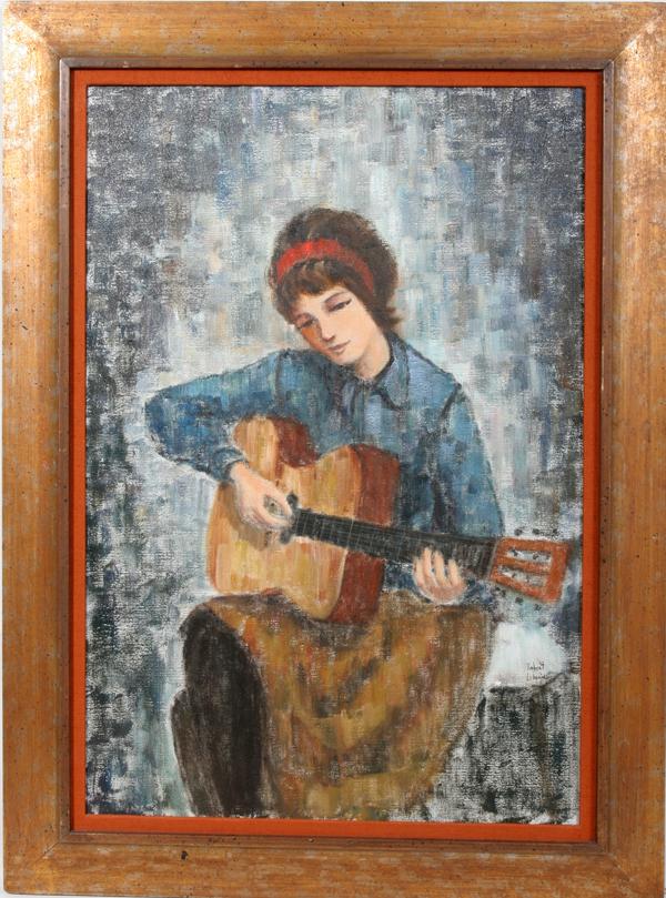 ROBERT LEBRON, OIL ON CANVAS, PORTRAIT, 36" X: ROBERT LEBRON, OIL ON CANVAS, PORTRAIT, 36" X 24", "GIRL": AMERICAN B. 1928:Girl holding guitar. Brush and palette knife technique. Artist lived and painted in Spain for a while, then lived in New Yor