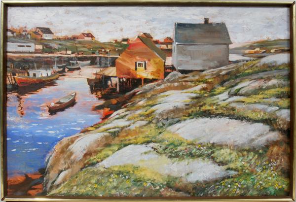 HOWARD BEHRENS OIL ON CANVAS, 20" X 30",: HOWARD BEHRENS (B. 1933), OIL ON CANVAS, 20" X 30", LANDSCAPE:Image depicts a small fishing community, complete with shanties and boats. Signed "H. Behrens" at the lower left; framed.