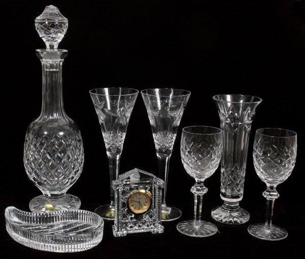 WATERFORD CRYSTAL TABLEWARE, EIGHT PIECES, : WATERFORD CRYSTAL TABLEWARE, EIGHT PIECES, H 1" - 15":Including 2 "Peace" flutes from the Millennium Collection, 2 wine glasses with 1 matching decanter, 1 "Balmoral" bud vase, 1 dish and 1 "Grecian" 