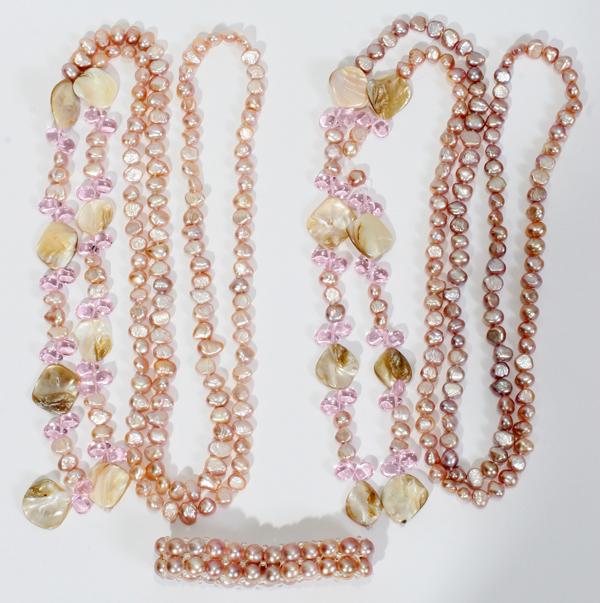 PINK GLASS & ABALONE NECKLACES, TWO, L 44" EACH: PINK GLASS AND ABALONE NECKLACES, TWO, L 44" EACH:with bracelet, 7" L.
