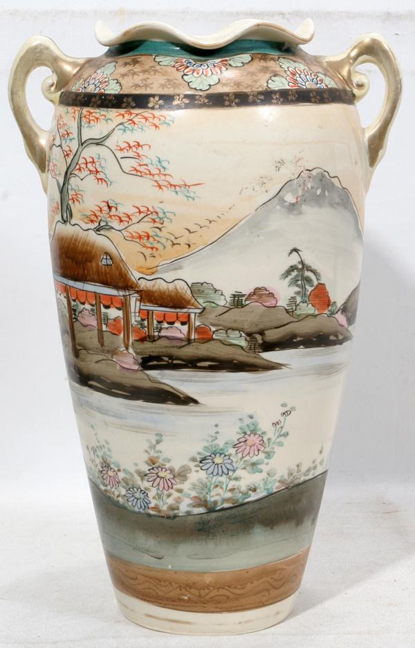 JAPANESE NIPPON PORCELAIN VASE, H 12 3/8", : JAPANESE NIPPON PORCELAIN VASE, H 12 3/8", DIA 8 1/16":Double handled with a mountain and village scene.