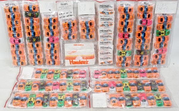 HARDEE TOY RACE CARS "AUTO THUNDER RACERS" 1990: HARDEE TOY RACE CARS, "AUTO THUNDER RACERS" ORIGINAL WRAPPERS UNUSED, 1990, 125, L 2 1/2":(89) Hardee's Orange Thunder Racer Car. #18. / (10) Black - Mello Yello #51. / (10) pink Superflo #46 / (10) C