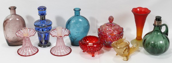 FENTON, COLOMBIA, ETC, GLASS BOTTLES, DECANTERS: FENTON, COLOMBIA, ETC, GLASS BOTTLES, DECANTERS, TANTALUS SET, ETC., 13 PCS., H 3" - 23":includes a Fenton carnival glass covered bowl, 7" H; embossed 'Columbia' blue glass bottles (2), 9" H; two deca