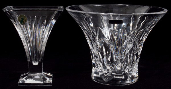 WATERFORD MARQUISE & CLARION CUT CRYSTAL VASES: WATERFORD 'MARQUISE' & 'CLARION' CUT CRYSTAL VASES, H 6":'Marquise' vase is 6" H, flaired at the rim (8" Dia) to a smaller diameter base, 4"; the 'Clarion is a trumpet shape, 6" H. with a rectangular 