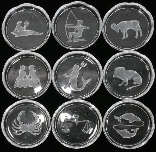 VAL ST LAMBERT CRYSTAL COASTERS, SET OF 8,: VAL ST LAMBERT CRYSTAL COASTERS, SET OF 8, DIA 3":dia 3 1/4", signs of zodiac.