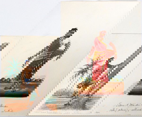 INDIA WATERCOLORS, TWO, C. 1900, 6" X 4": INDIA WATERCOLORS, TWO, C. 1900, 6" X 4":Both unframed. Tamil Hindu woman, "water painting" signed Maderna Kidea ?. Paper size 10" x 6 1/2" dark stain in lower left ground. Second: South India "Sah -