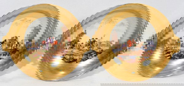 KPM PORCELAIN DISHES, TWO, DIA 5 1/4": KPM (ROYAL PORCELAIN MANUFACTORY) PORCELAIN DISHES, TWO, DIA 5 1/4":Each round porcelain dish is flanked by wreath-like handles, hand-painted at the well with figures at a port, bordered by fired gold