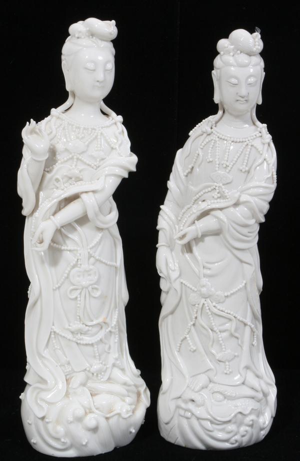 CHINESE BLANC DE CHINE FIGURES OF QUAN YIN (3): CHINESE BLANC DE CHINE FIGURES OF QUAN YIN (3), H 10":Similarly styled porcelain figures, two with a ruji scepter on their left arm, the other on the right arm. Not marked; 20th century.