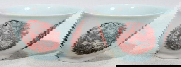 CHINESE PORCELAIN TEA CUPS, PAIR, H 1 3/4",: CHINESE PORCELAIN TEA CUPS, PAIR, H 1 3/4", DIA 3 1/4":White ground with dark rose designs.