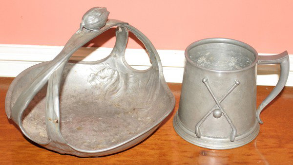 J.P KEYSER SOHN ART NOUVEAU PEWTER BASKET & MUG: J. P KEYSER SOHN ART NOUVEAU PEWTER BASKET & MUG, H 9", DIA 10":Kayserzinn basket, circa 1900, in art nouveau style. German designer Karl Geyer had similar bowl in 1978 museum exhibit featuring the be
