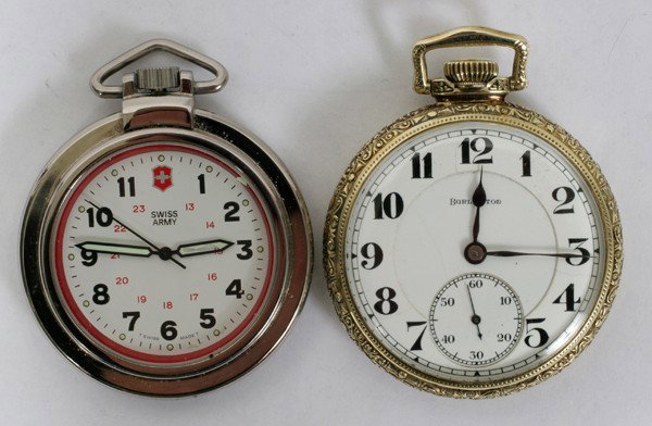 SWISS ARMY & BURLINGTON POCKET WATCHS: SWISS ARMY POCKET WATCH & BURLINGTON POCKET WATCH:Open face. 1 7/8. Seconds hand. Swiss army watch in leather pouch.