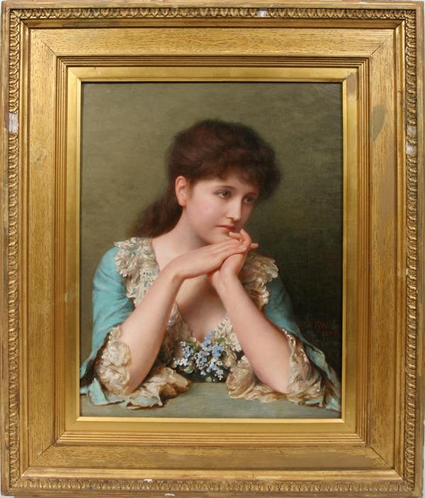 FRANCIS JOHN WYBURD OIL ON CANVAS, 17" X 13", : FRANCIS JOHN WYBURD [ENGLISH 1826-1893], OIL ON CANVAS, 17" X 13", PORTRAIT OF GIRL:17 1/2" x 13 1/2", Portrait of young girl with elbows on table wearing blue gown with lace collar and sleeves. Signe