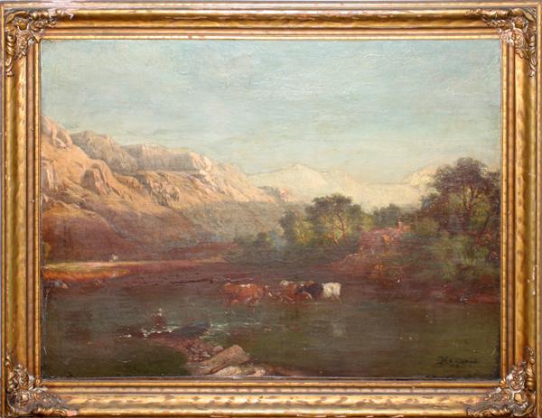 MAYNARD, ENGLISH SCHOOL, OIL ON CANVAS 19TH C.,: MAYNARD, ENGLISH SCHOOL, OIL ON CANVAS 19TH C., 21" X 27" CATTLE GRAZING:Landscape, cows in stream. oil on canvas laid down on board, Signed lower right. 21 1/2" x 27 1/2"