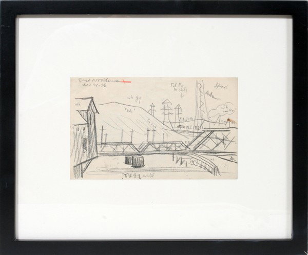 OSCAR F. BLUEMNER, CRAYON DRAWING, 5" X 8", : OSCAR F. BLUEMNER, CRAYON DRAWING, 5" X 8", 'VIEW OF EAST PROVIDENCE': (GERMAN/AMER., 1867-1938):Black crayon drawing depicts East Providence and is titled and dated at the upper left corner "East Pro