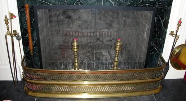 BRASS FENDER, ANDIRONS, POKER & TONGS, L 52": BRASS FENDER, ANDIRONS, POKER & TONGS, L 52":Including 1 fender, H.11 1/2", L.52", a pair of andirons, H.18", 1 poker and 1 tongs.