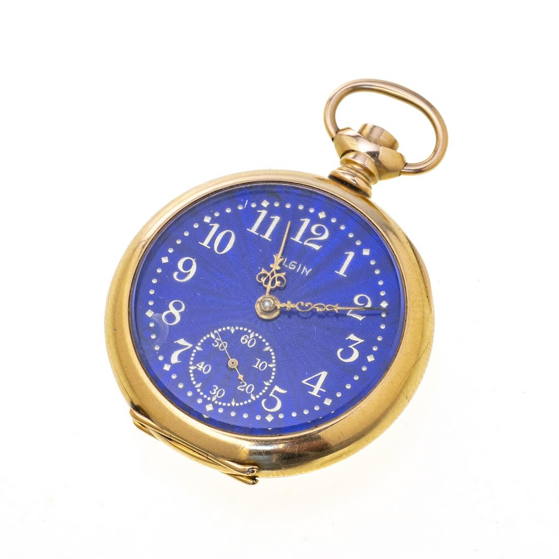 ELGIN 14KT OPEN FACE POCKET WATCH C 1900: ELGIN 14KT OPEN FACE POCKET WATCH C 1900 DIA 1 1/4" Keystone 14kt yellow gold case # 5020059. Beautiful blue enamel dial with gold numerals and seconds dial. Missing stem. Provenance: Property of an O