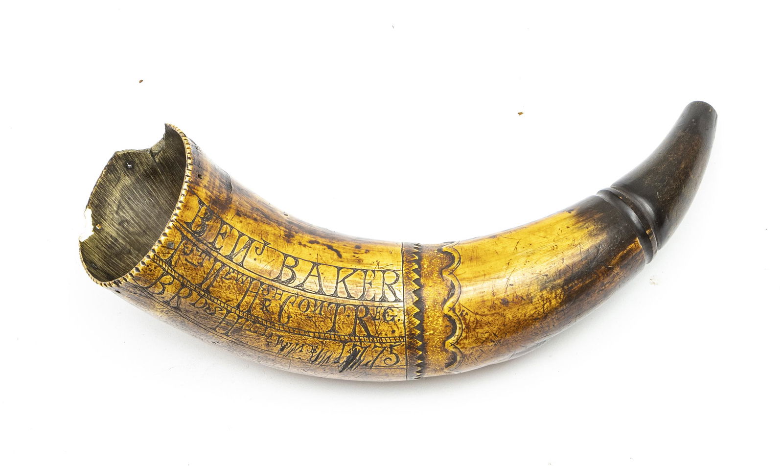 REVOLUTIONARY WAR STYLE SCRIMSHAW POWDERHORN: REVOLUTIONARY WAR STYLE SCRIMSHAW POWDERHORN, CARVED "BENJ. BAKER...BRDS HILL 1775" L 9 1/2" Bearing the name of Benjamin Baker, 1st New Hampshire Continental Regiment, Breed's Hill, June 1775. Includ