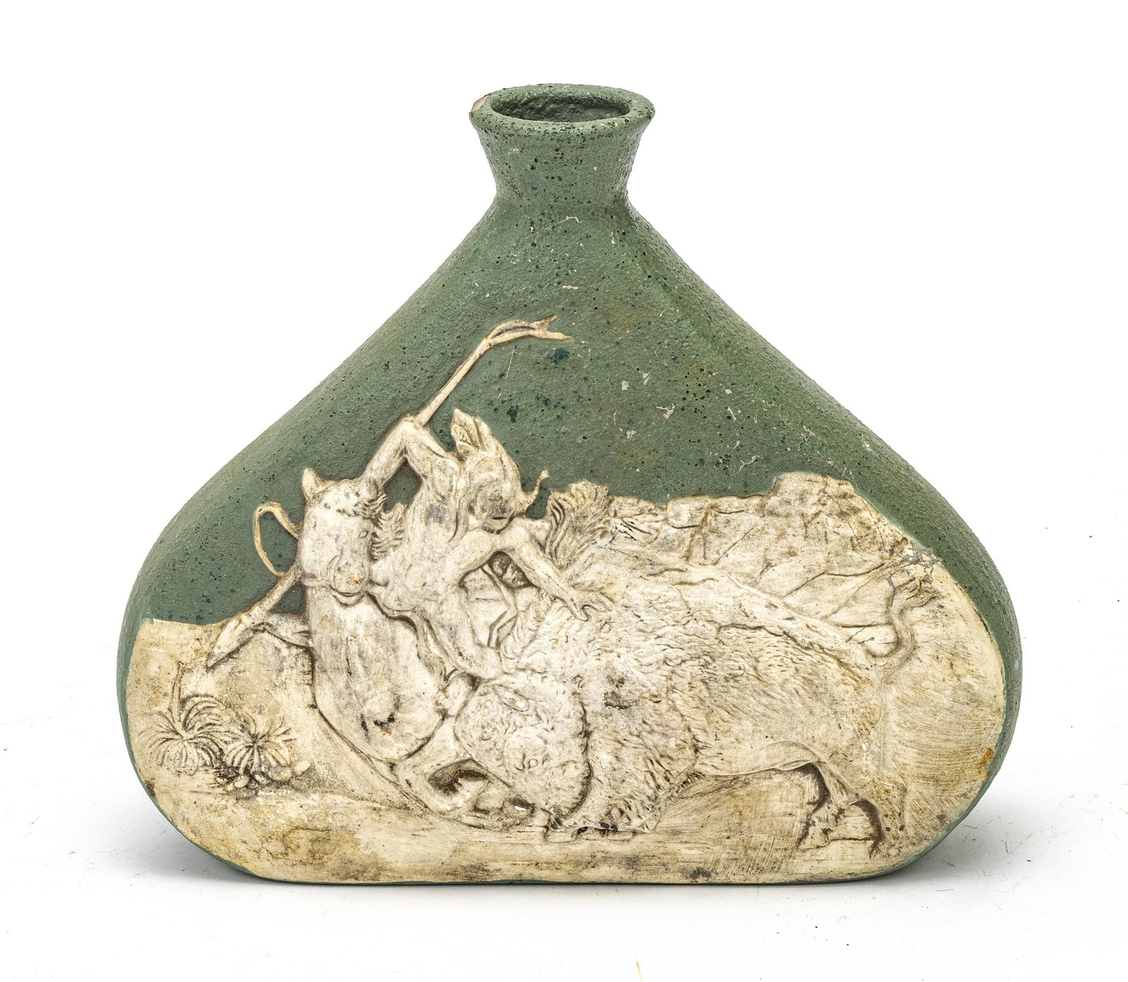AMERICAN EARTHENWARE POTTERY VASE: AMERICAN EARTHENWARE POTTERY VASE, EARLY TO MID 20TH C., H 9", W 10 1/2", D 3 1/2", BUFFALO CHARGING A HUNTER Decorated with a scene of a buffalo charging a hunter. Unmarked. Provenance: An Ortonville