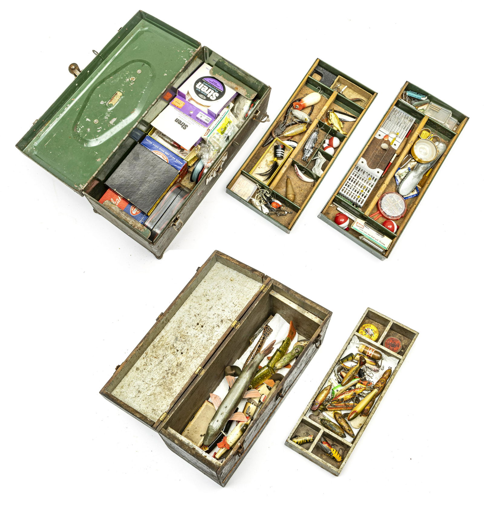 ANTIQUE PAINTED METAL & WOOD TACKLE BOXES: ANTIQUE PAINTED WOOD TACKLE BOX WITH PAINTED WOOD FISHING LURES PLUS ONE METAL TACKLE BOX WITH FISHING ACCESSORIES EARLY/MID 20TH C. Painted wood tackle box (H 9", W 18", D 6 1/2") decorated with a hu