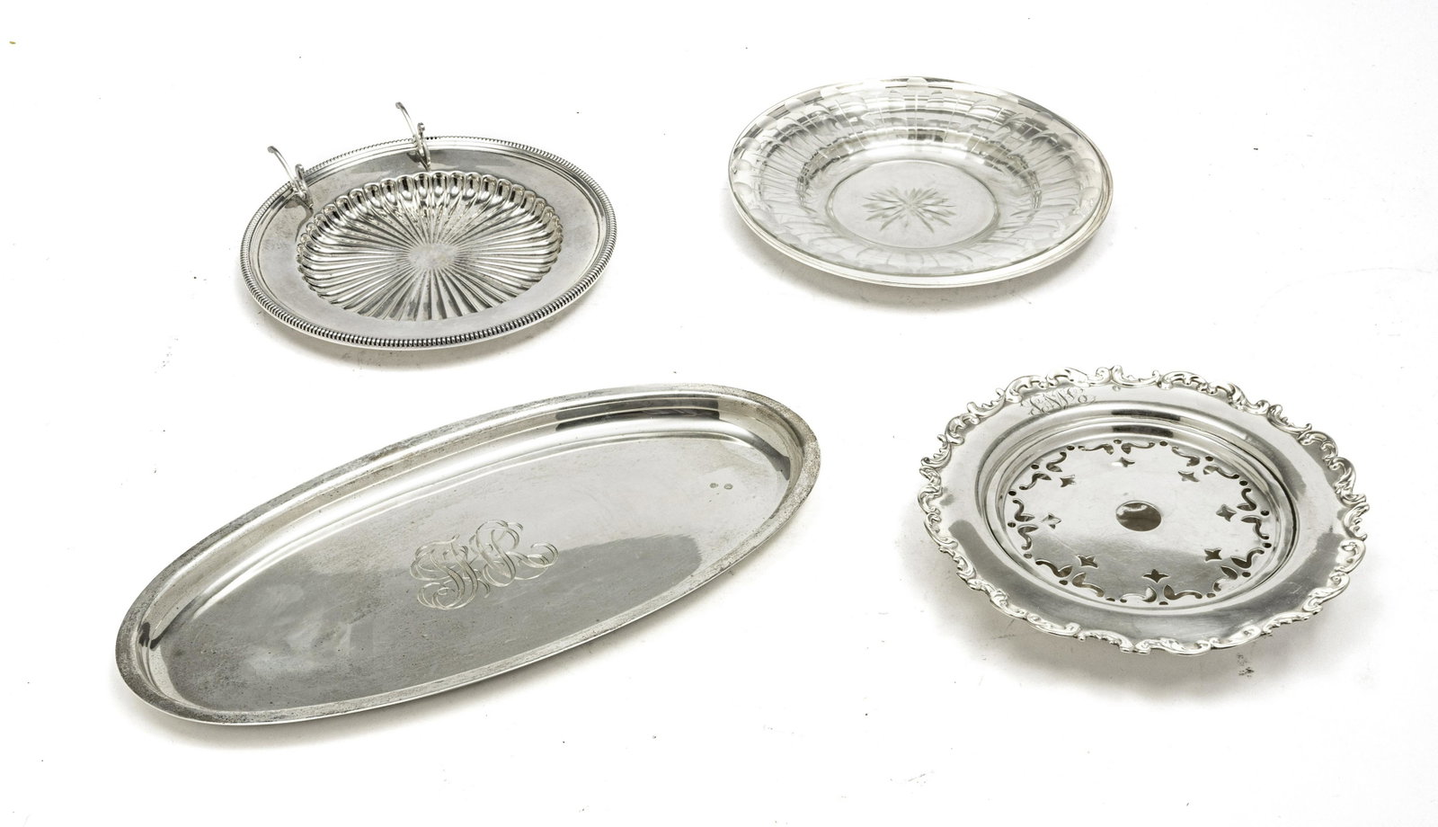 STERLING SILVER BUTTER DISHES (3) + 1 TRAY DIA 6": STERLING SILVER BUTTER DISHES (3) + 1 TRAY DIA 6", 17 T.O. Gorham with beaded edge. Randahl #136 oval tray 10.9" with monogram. Whiting Division of Gorham butter dish shows much use. Total weight 17.9