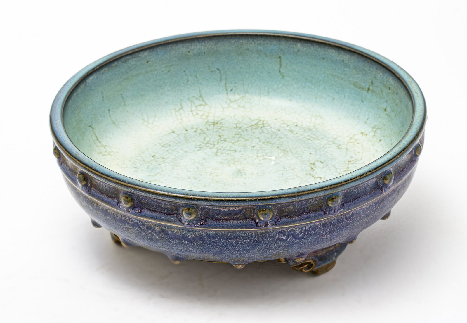 CHINESE JUN-WARE STONEWARE WASHER H 4" DIA 10": CHINESE JUN-WARE STONEWARE WASHER H 4" DIA 10" Footed. With raised dot decoration. Blue glaze.