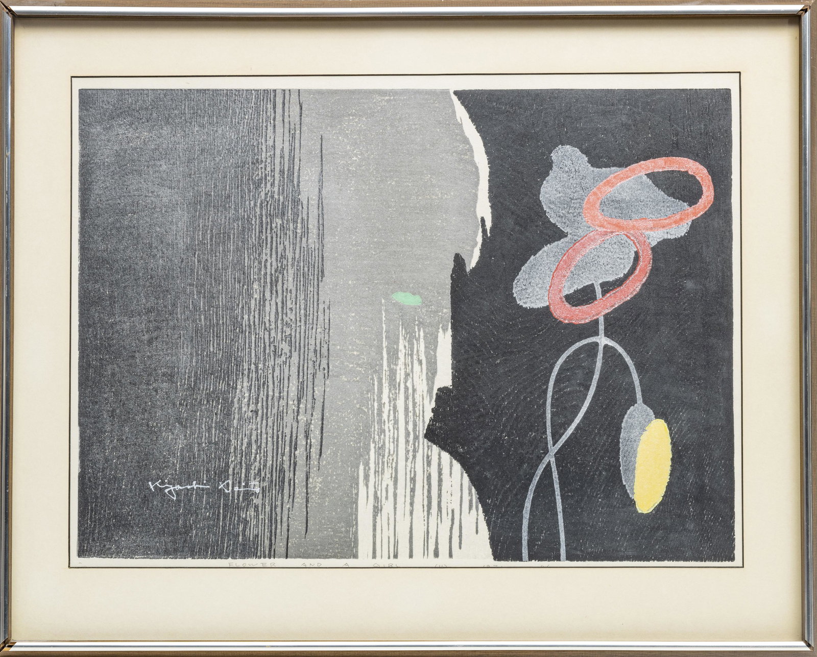 KIYOSHI SAITO JAPANESE WOODBLOCK ON PAPER: KIYOSHI SAITO JAPANESE (1907-1997) WOODBLOCK PRINT ON PAPER H 14 7/8" W 20 3/4" TITLED IN PENCIL "FLOWER AND A GIRL" 1971 Matted and Framed, has label on verso. Frame H21" W26"