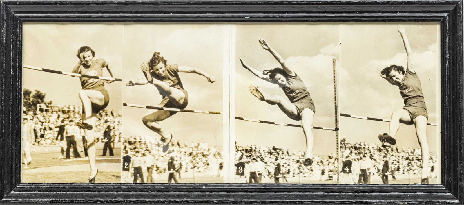 PHOTOGRAPH ANNETTE ROGERS AT THE 1936 OLYMPICS: FRAMED PRESS PHOTOGRAPHS H 8", W 20", ANNETTE ROGERS AT THE 1936 OLYMPIC TRIALS Framed press photographs of Annette Rogers, who participated in the 1932 and 1936 Olympic games. These particular images