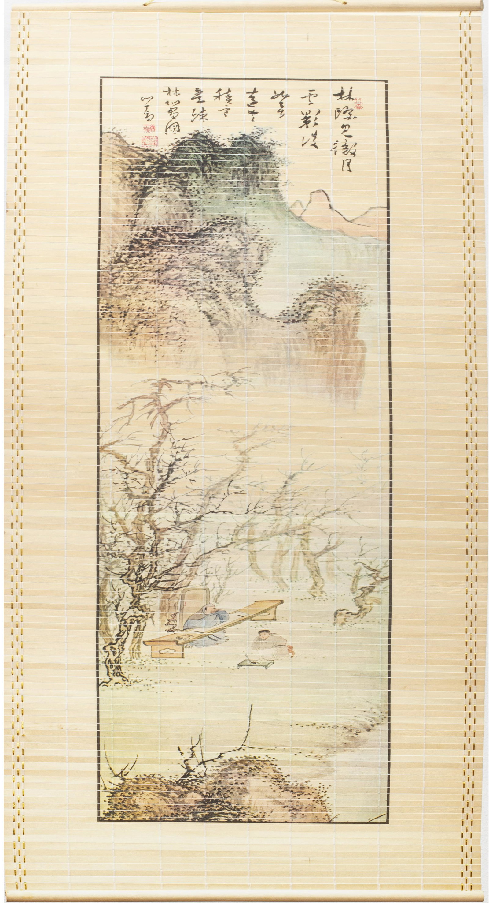JAPANESE SCROLL ON BAMBOO C 1960 H 28" W 8": JAPANESE SCROLL ON BAMBOO C 1960 H 28" W 8" photomechanical scene Scholar and student each seated at a table. Mountainous background. Calligraphy near upper margin. Overall size with margins: 34" x 12