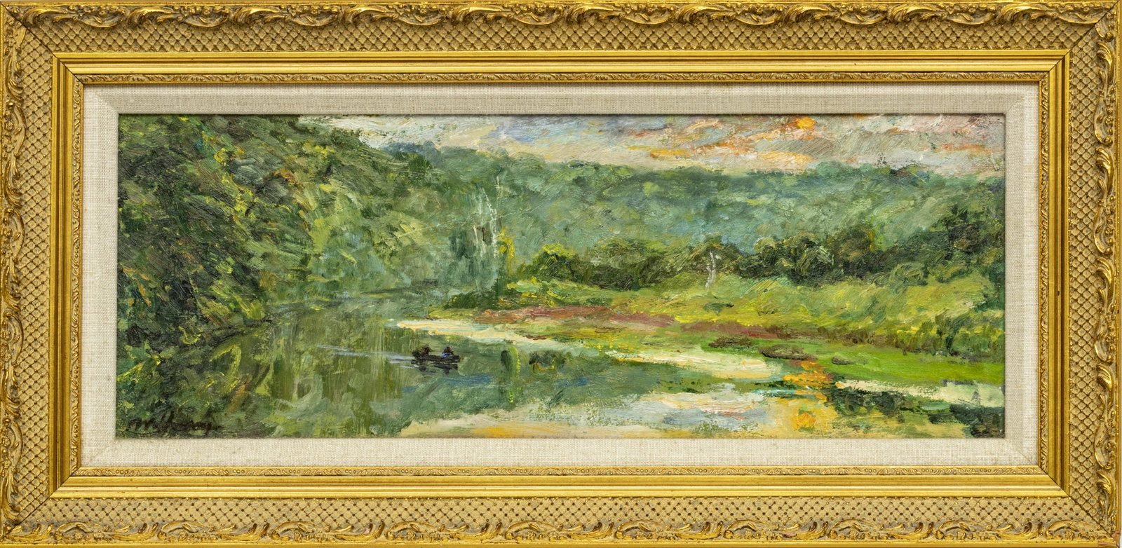 MINGSHI HUANG, OIL ON CANVAS: MINGSHI HUANG (CHINESE, CONTEMPORARY) OIL ON CANVAS, H 7" W 18.75" SUNSET ON THE HURON RIVER Signed lower left and framed. Titled in ink on verso.
