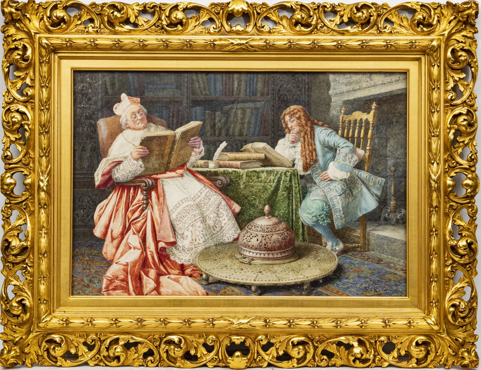 ROBERTO RAIMONDI WATERCOLOR ON PAPER: ROBERTO RAIMONDI (ITALIAN 1877-1961) WATERCOLOR ON PAPER, H 15", W 22", CARDINAL IN HIS STUDY Signed lower right. Beautifully carved giltwood frame. Provenance: Property of a North Canton, OH estate.