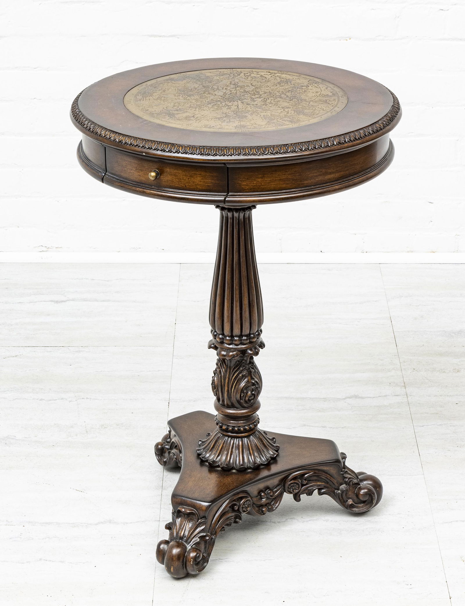 CARVED MAHOGANY PEDESTAL TABLE, H 29", DIA 20" (1 of 3)