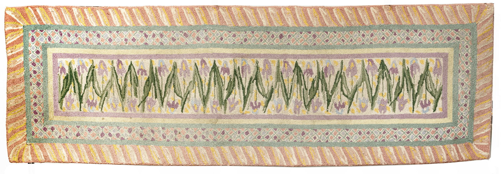 MACKENZIE-CHILDS (AMERICAN) RUNNER W 32", L 96": MACKENZIE-CHILDS (AMERICAN) RUNNER W 32", L 96" Floral tulip design with stripe and diamond border. Mackenzie Childs marked on underside.