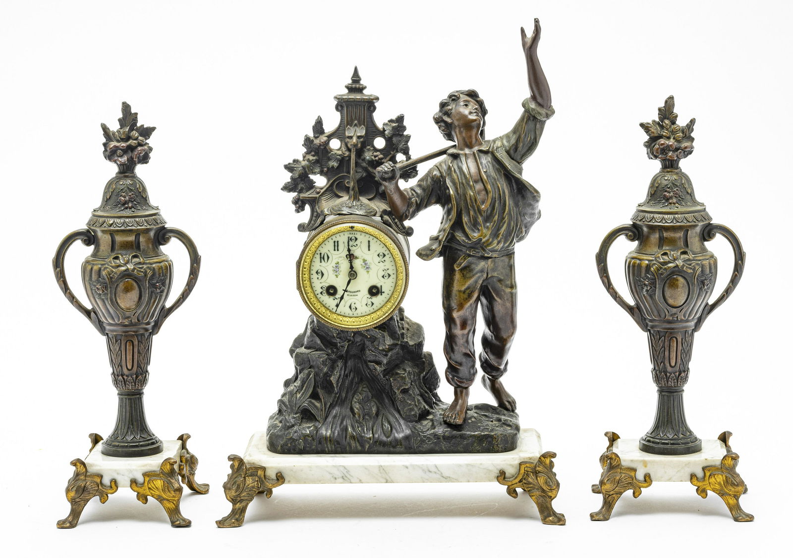 BROCHARD HIRSON, SPELTER & MARBLE GARNITURE SET: BROCHARD HIRSON, SPELTER & MARBLE GARNITURE SET, 3 PCS, H 17", L 11.5" Standing figure of a young man holding pickaxe. White maple (?)