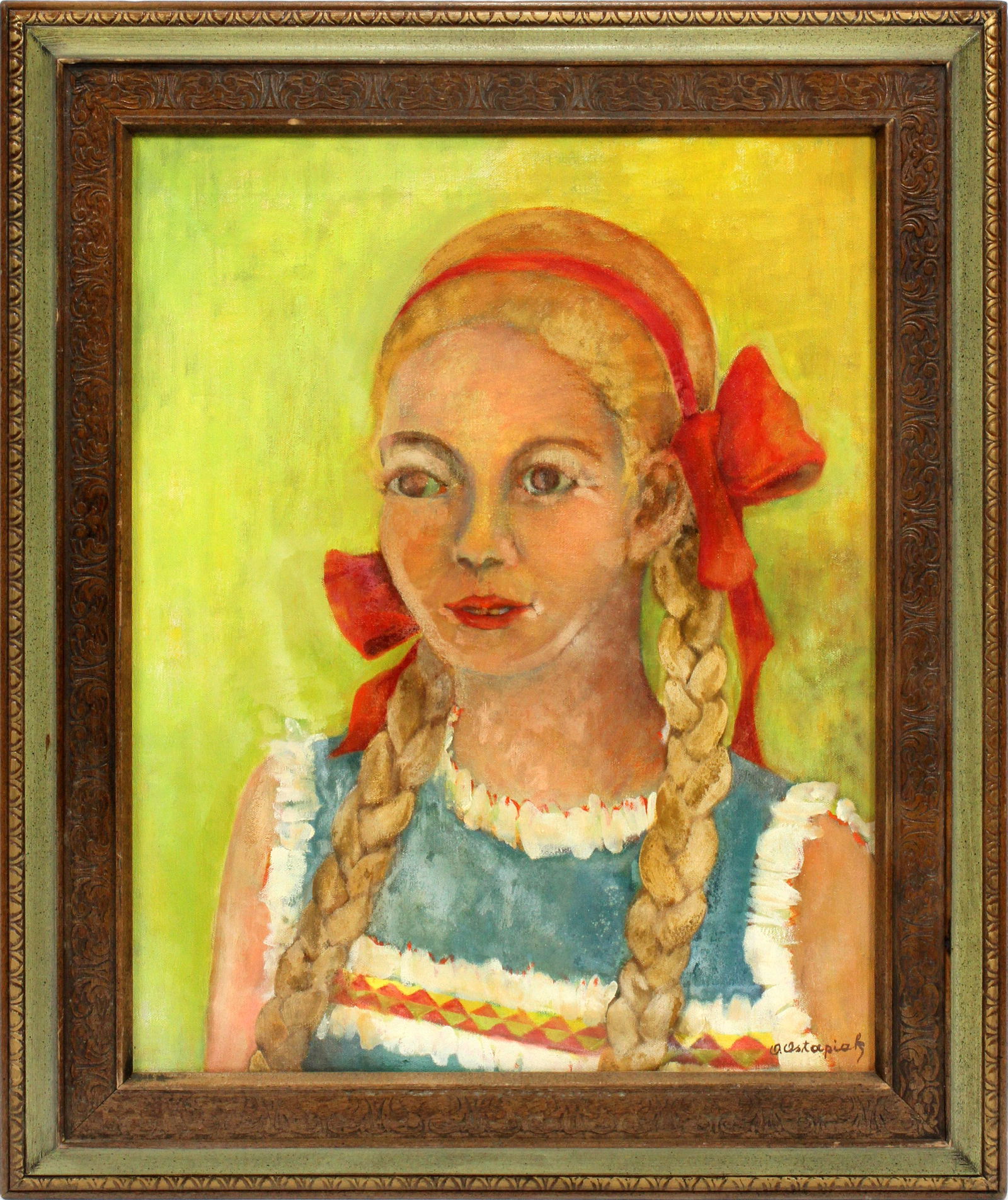 OLGA CZERSKI SLUSARCZUK OSTAPIAK OIL ON CANVAS: OLGA CZERSKI SLUSARCZUK OSTAPIAK OIL ON CANVAS, H 20", W 16", UNTITLED #13 Portrait of a young girl. Signed lower left. Carved, giltwood and painted frame.