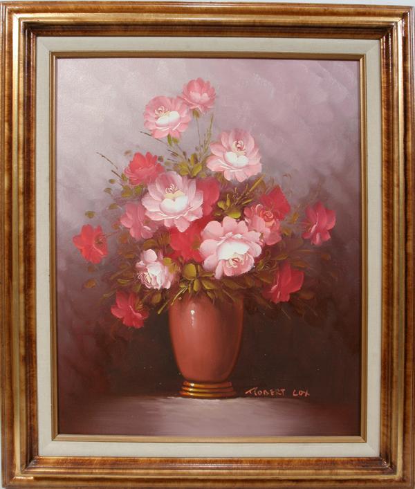 ROBERT COX, OIL ON CANVAS, 20" X 16", FLOWERS: ROBERT COX, OIL ON CANVAS, 20" X 16", STILL LIFE OF FLOWERS: (AMERICAN, 1934-2001):Floral still life is done predominately in various shades of pink. Signed at the lower right; framed.