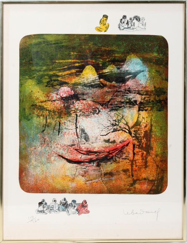 LEBADANG, LITHOGRAPH, #110/200, 25" X 19", : LEBADANG, LITHOGRAPH, #110/200, 25" X 19", ABSTRACT: (VIETNAMESE, B. 1922):Depicts mountains, re-marks of praying monks in margins; pencil signed lower right, 110/200 lower left; "A.P.F. Inc. New York