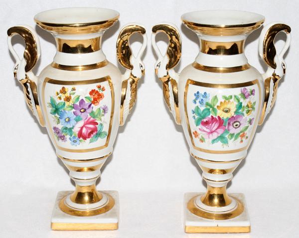 FRENCH HAND PAINTED PORCELAIN URNS, PAIR, H 11": FRENCH HAND PAINTED PORCELAIN URNS, PAIR, H 11", W 7" TO THE HANDLES:Each having swan form handles and a hand painted vignette at each side, one of floral sprays and the other with a wreath of laurels