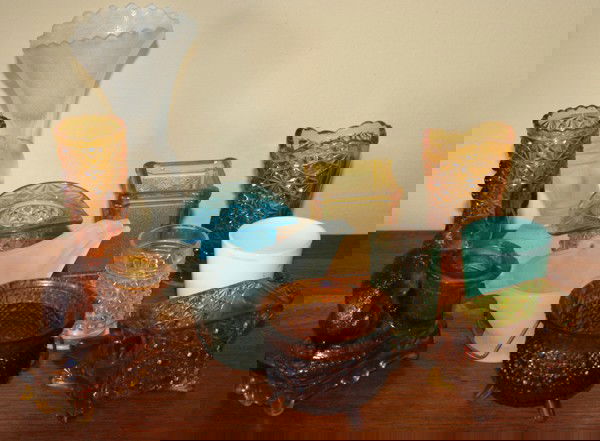 CUT AND PRESSED GLASS TOOTHPICK HOLDERS, C1940: CUT AND PRESSED GLASS TOOTHPICK HOLDERS, C1940, 11 PCS., H 3" - 8":includes: amber, clear, frosted, milk glass, etc.