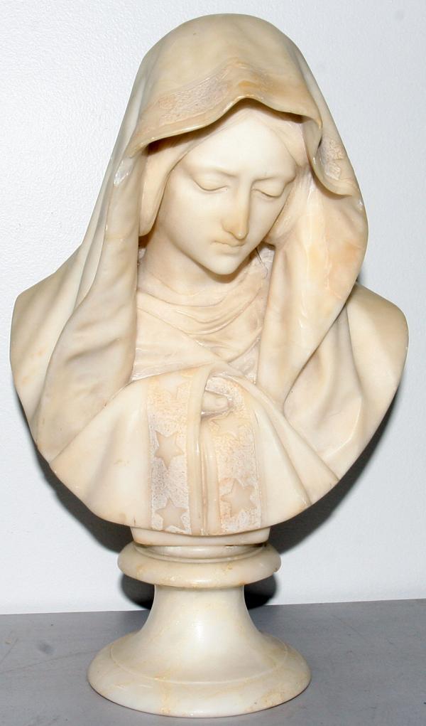 ITALIAN CARVED ALABASTER BUST, H 13 1/2", W 8": ITALIAN CARVED ALABASTER BUST, H 13 1/2", W 8":Carved as a veiled woman, raised on a plinth, probably virgin Mary.