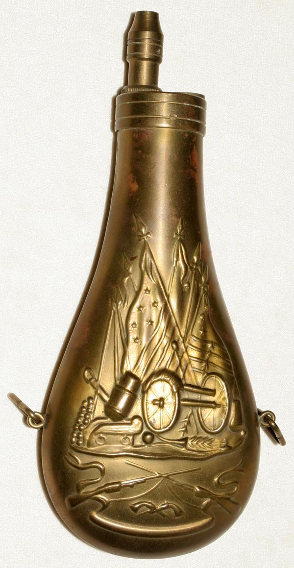 BRASS POWDER HORN WITH ARTILLERY MOTIF, 19TH C,: BRASS POWDER HORN WITH ARTILLERY MOTIF, 19TH C, L 8 1/2": From the Estate of Arpena Kahayian, Beverly hills, Mi.