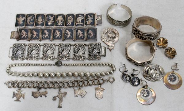 STERLING & SILVER BRACELETS & EARRINGS, 12 PCS: STERLING & SILVER BRACELETS AND EARRINGS, 12 PIECES:Danecraft sterling bracelet [6 panels - floral]; 2 Thailand sterling bracelets; 2 pairs Thailand sterling earrings; two 7-link bracelets with punch