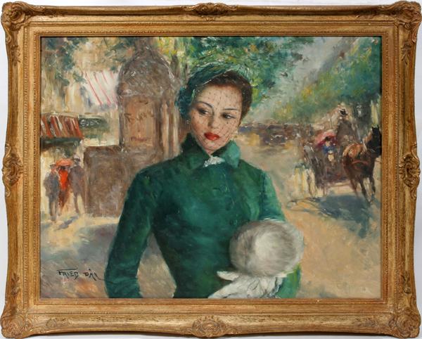 PAL FRIED, OIL ON CANVAS 24" X 30" "MAXINE": PAL FRIED, OIL ON CANVAS 24" X 30" "MAXINE":A young woman, Maxine, depicted in a Paris street scene. Signed lower left and framed. Numbered of verso 35980.