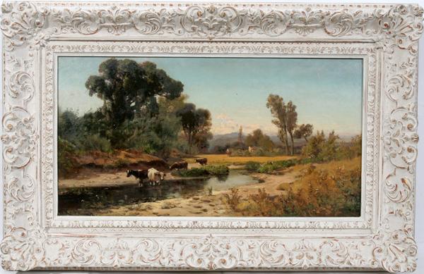 WILLIAM KEITH, OIL ON CANVAS, 1882, 13" X 24",: WILLIAM KEITH, OIL ON CANVAS, 1882, 13" X 24", LANDSCAPE WITH COWS BY STREAM: USA 1838- 1911:Signed and dated lower left; framed. Gift from Ralph and Mary Booth to Dr Robert Johnson Palmer and to John