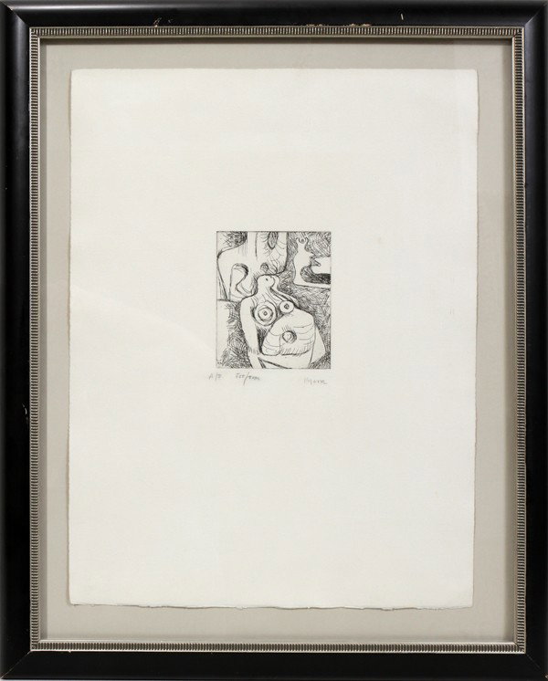 MOORE, ETCHING, ARTIST'S PROOF, 4 1/2" X 3 3/4": MOORE, ETCHING, ARTIST'S PROOF, 4 1/2" X 3 3/4":In pencil, below the image, "A/P For/Tom Moore". Under glass, float framed.