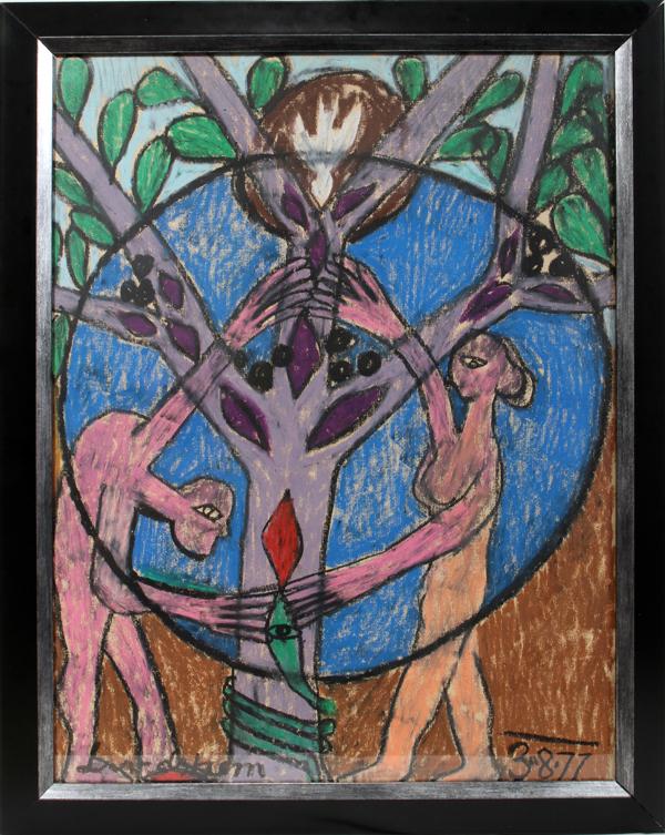 SIGNED BENGT LINDSTROM PASTEL & OIL, ADAM & EVE: SIGNED BENGT LINDSTROM, PASTEL AND OIL, ADAM AND EVE TREE OF KNOWLEDGE 26" X 20":