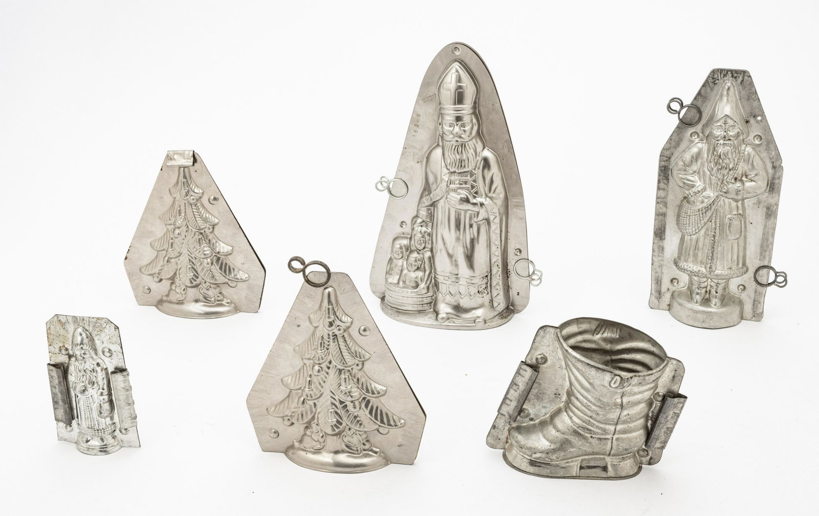 ANTIQUE HOLIDAY THEMED METAL CHOCOLATE MOLDS, SIX (1 of 2)