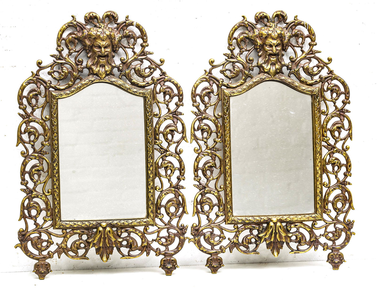 P.E. GUERIN ART NOUVEAU BRASS BACCHUS MIRRORS, PAIR, H (1 of 2)