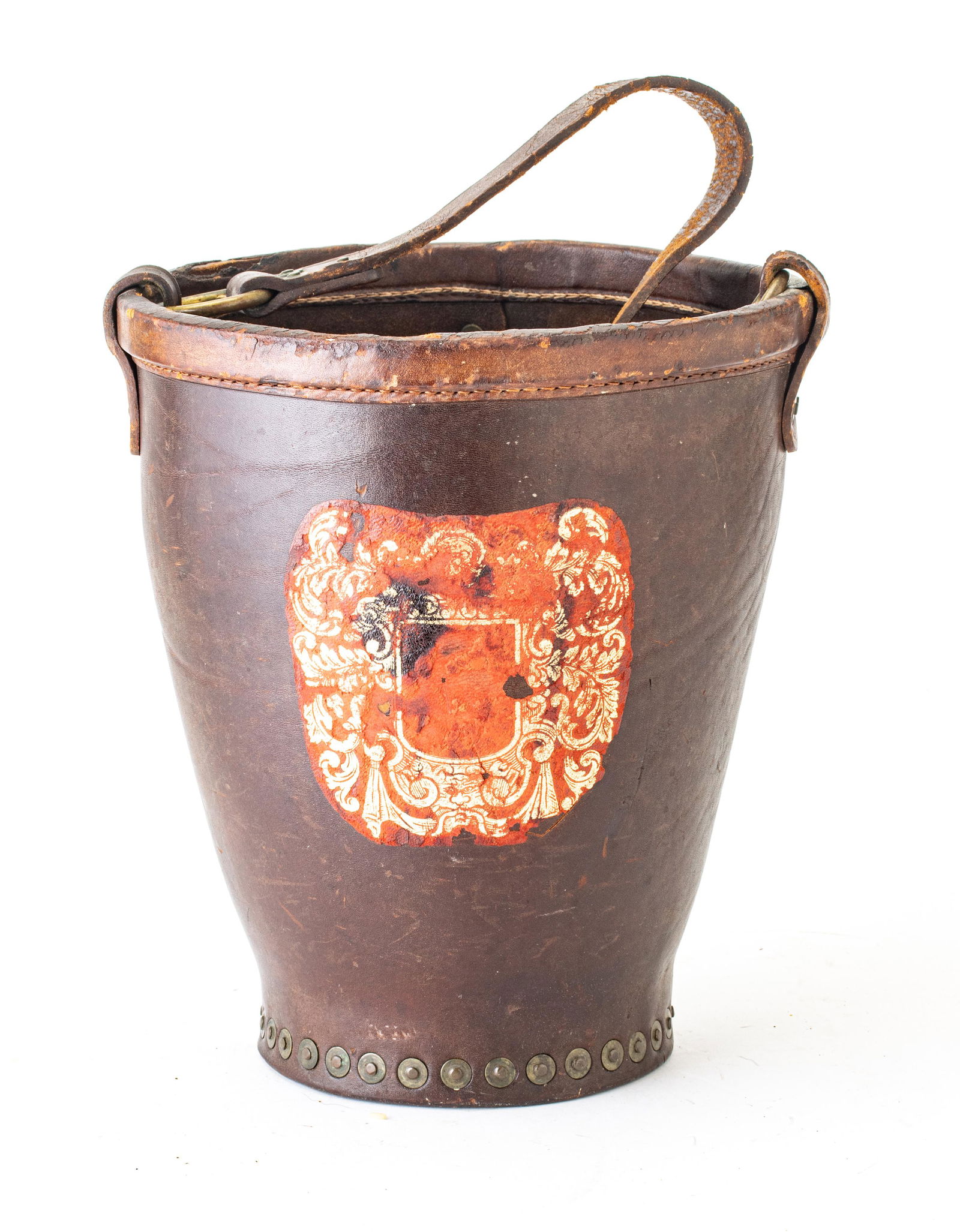 LEATHER FIREMAN'S BUCKET C 1830 H 12" DIA 9": LEATHER FIREMAN'S BUCKET C 1830 H 12" DIA 9" Used. Brass studs. Brass rings hold handle.