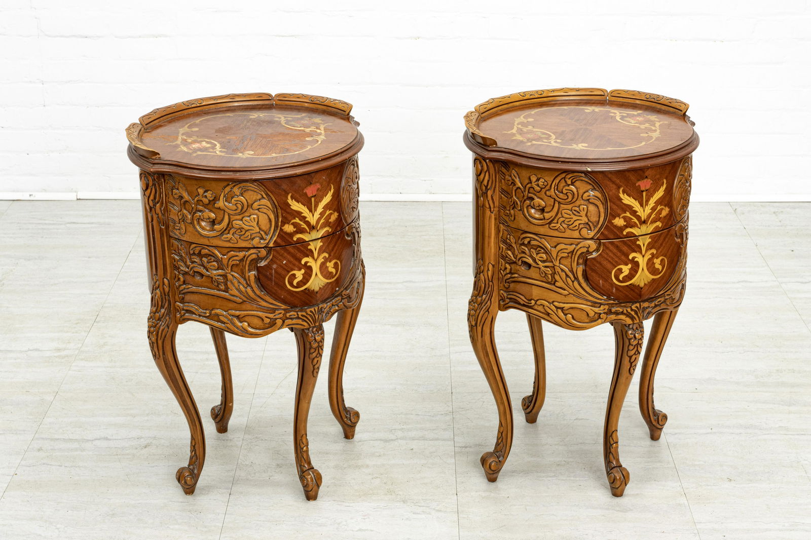 FRENCH STYLE WALNUT AND SATINWOOD TWO DRAWER TABLES, (1 of 8)